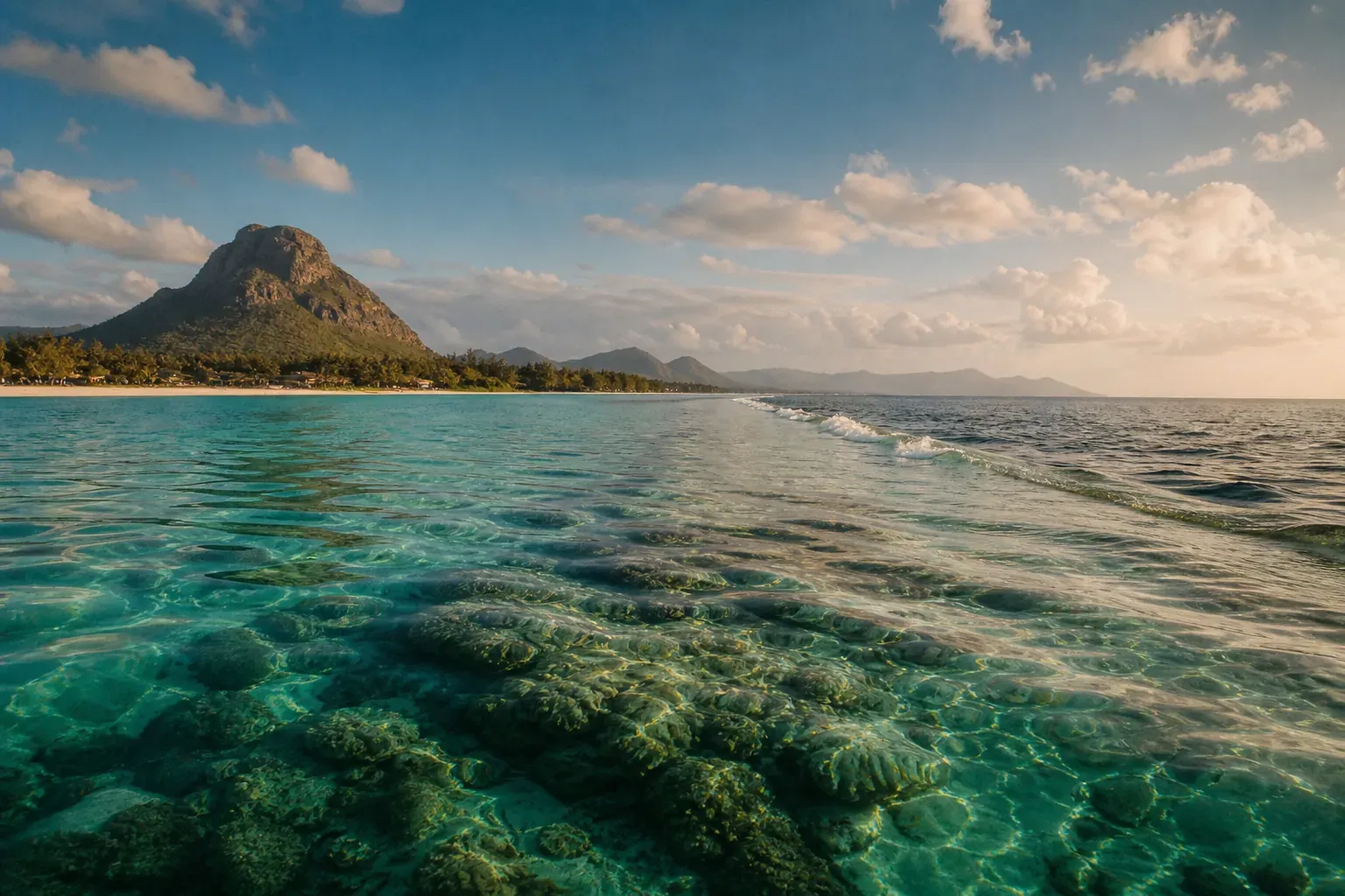 Lagon turquoise de l’île Maurice et récif corallien vus au ras de l’eau